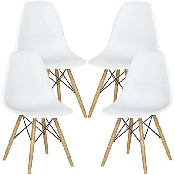 Mid Century Modern Dining Chairs Set of 4, DSW Chairs Plastic Shell Chairs with Wood Legs, Armless Side Chairs for Dining Room, Living Room, Kitchen (White)