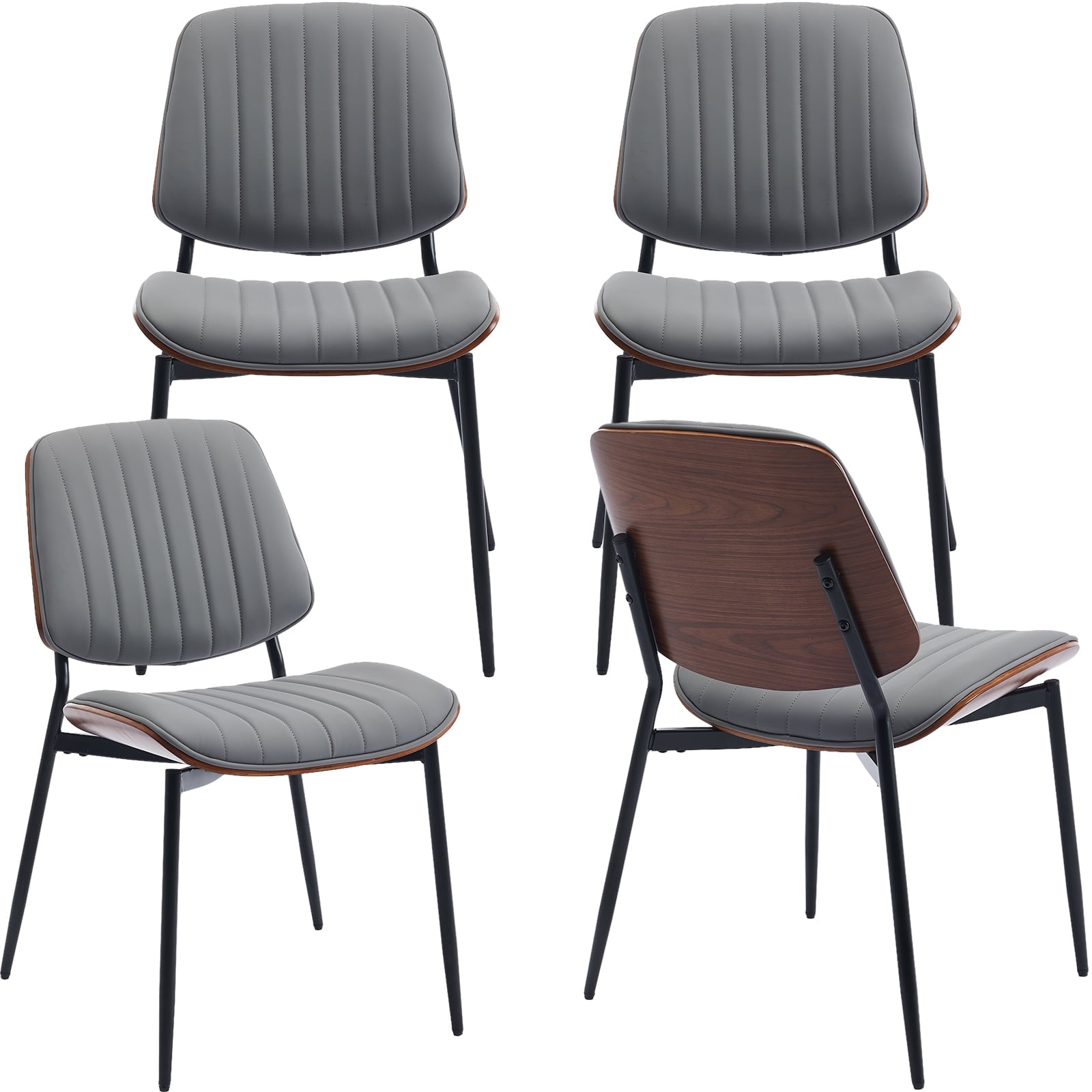 Mid Century Modern Dining Chairs Set of 4, Grey Kitchen & Dining Room Chairs Set of 4, Upholstered PU Leather Kitchen Chairs for Dining Table, Sillas de Comedor, Metal Leg, Walnut Back (Grey, 4 Pcs)