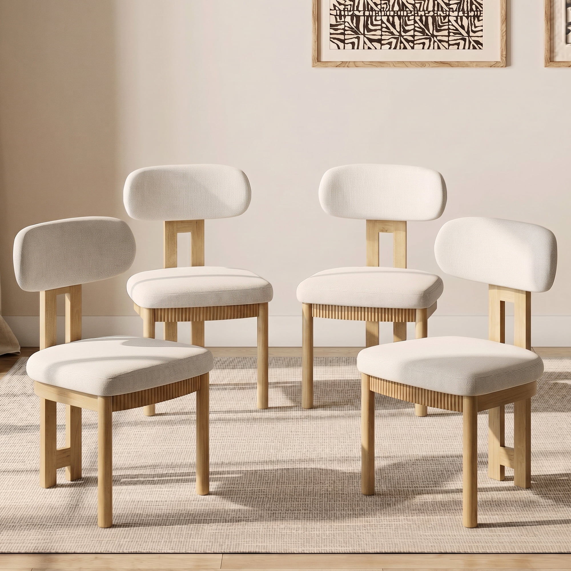 Mid-Century Modern Dining Chairs Set of 4,Polyester Linen Fabric Kitchen Chairs with Solid Wood Legs and Fluted Apron, Armless Side Chairs with Curved Backrest For Dining Room, Living Room