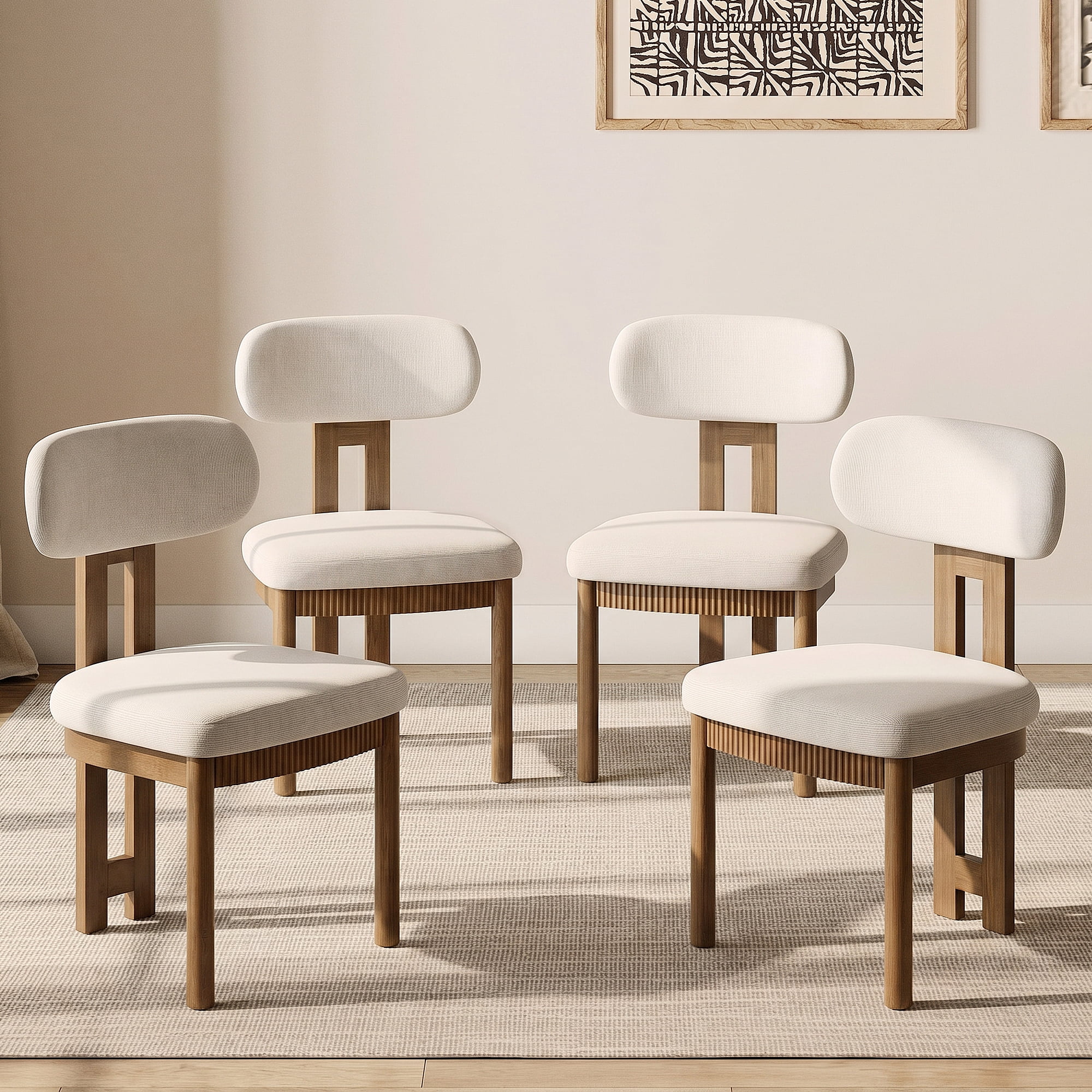 Mid-Century Modern Dining Chairs Set of 4,Polyester Linen Fabric Kitchen Chairs with Solid Wood Legs and Fluted Apron, Armless Side Chairs with Curved Backrest For Dining Room, Living Room