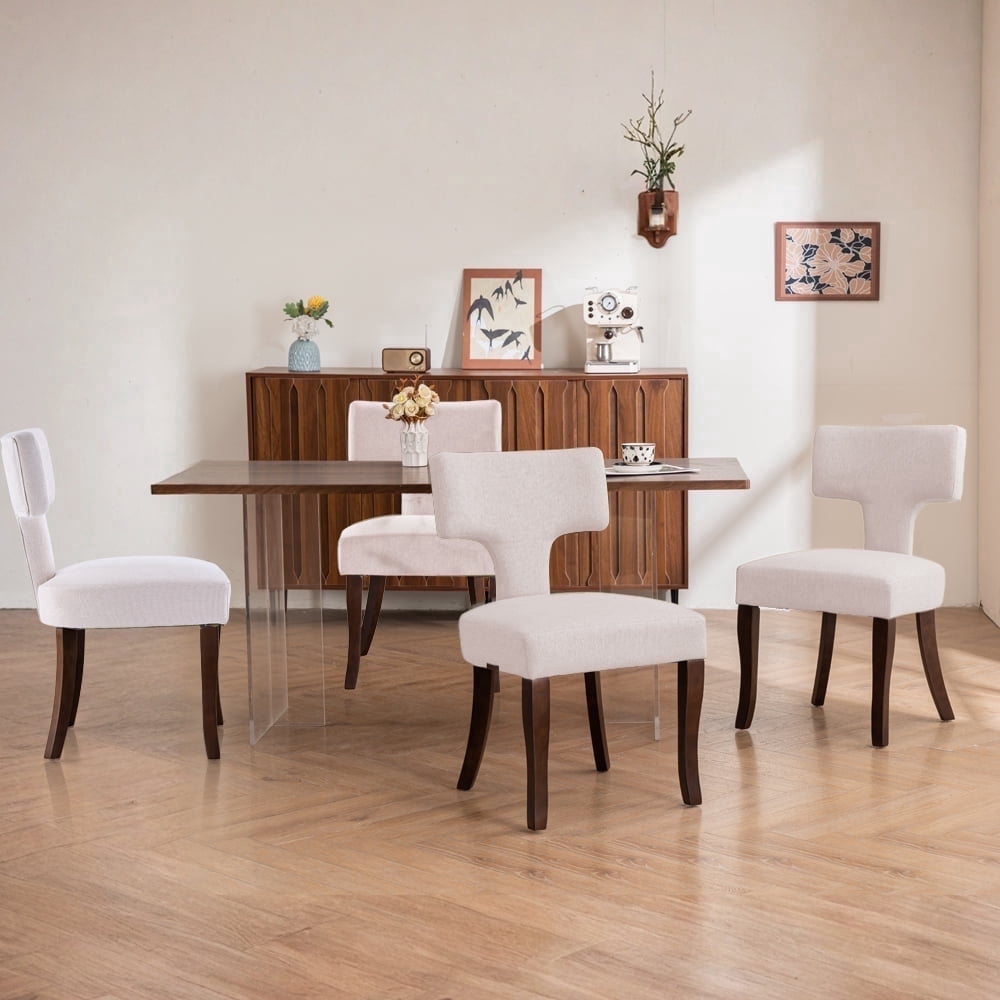 Mid Century Modern Wooden Dining Chairs Set of 4, Upholstered Side Dining Chairs with Curved Back Linen Fabric Armless Wood Chairs Kitchen & Dining Room Farmhouse Chairs (White)