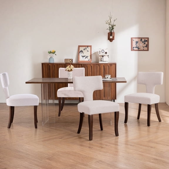 Mid Century Modern Wooden Dining Chairs Set of 4, Upholstered Side Dining Chairs with Curved Back Linen Fabric Armless Wood Chairs Kitchen & Dining Room Farmhouse Chairs (White)