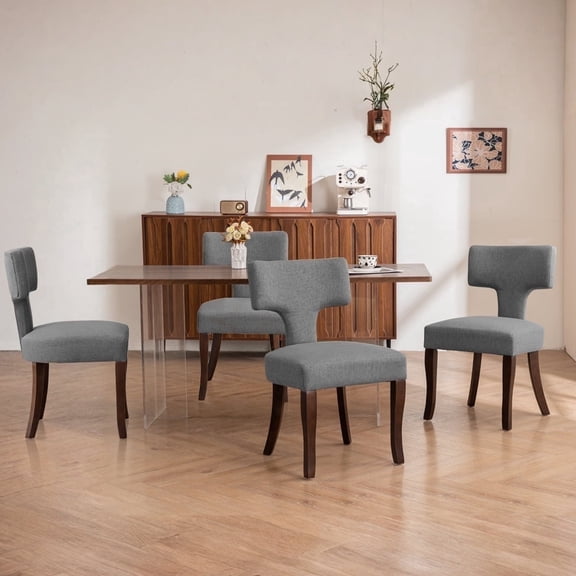 Mid Century Modern Wooden Dining Chairs Set of 4, Upholstered Side Dining Chairs with Curved Back Linen Fabric Armless Wood Chairs Kitchen & Dining Room Farmhouse Chairs (Gray)