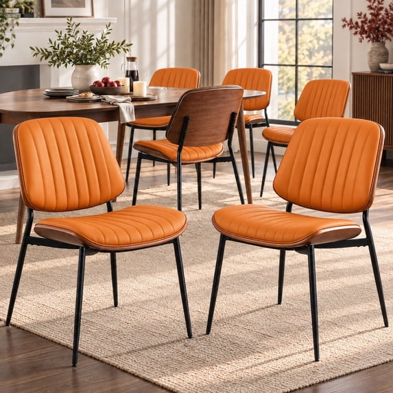 Orange Upholstered Dining Chairs Set of 6, Curved Mid Century Modern Chair - Kitchen Chairs, Dining Room Chairs, Dinning Chair with Faux Leather, Bentwood Side Profile, Metal Legs, Sillas de Comedor