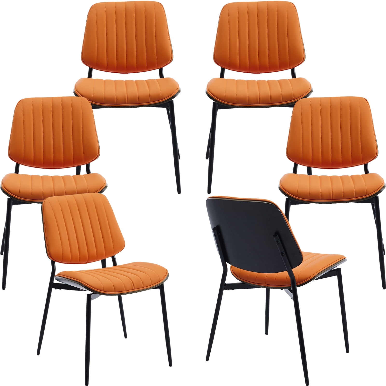 Mid Century Modern Dining Chairs Set of 6, Orange Kitchen & Dining Room Chairs Set of 6, Upholstered PU Leather Kitchen Chairs for Dining Table, Sillas de Comedor, Metal Legs, Walnut Back (Orange)
