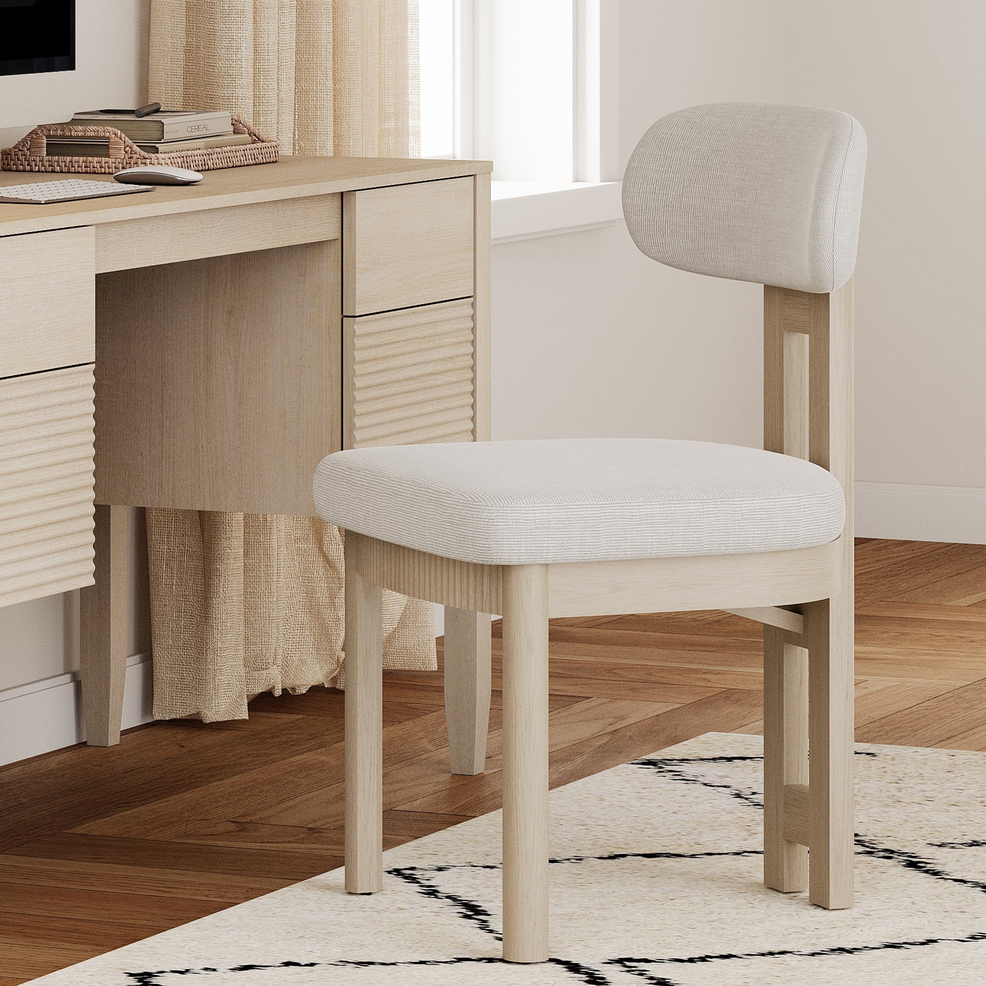 Mid-Century Modern Dining Chairs Set of 6,Polyester Linen Fabric Kitchen Chairs with Solid Wood Legs and Fluted Apron, Armless Side Chairs with Curved Backrest For Dining Room, Living Room