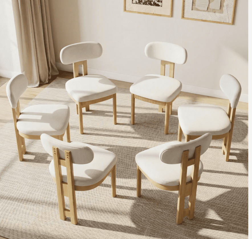 Mid-Century Modern Dining Chairs Set of 6,Polyester Linen Fabric Kitchen Chairs with Solid Wood Legs and Fluted Apron, Armless Side Chairs with Curved Backrest For Dining Room, Living Room