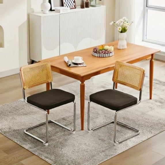 Mid Century Modern Dining Chairs Set of 2, Linen Cantilever Chairs with Woven Rattan Back & Chrome Base, Flexible 360 lbs Capacity, Black