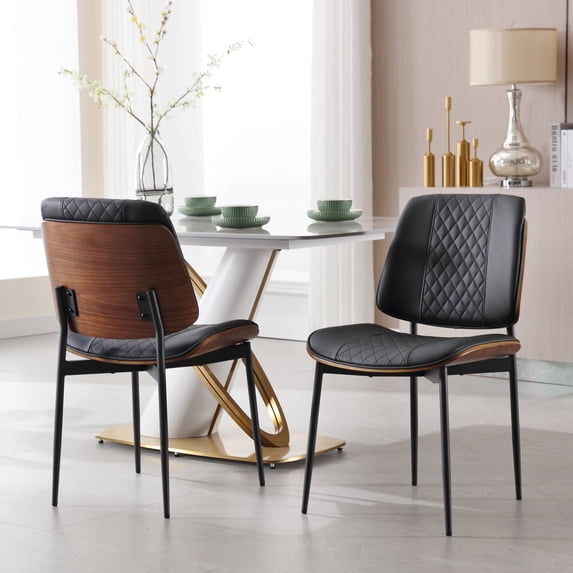 Mid Century Modern Dining Chairs Set of 2 | Retro Faux Leather Chair with Walnut Bentwood Seat