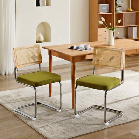 Mid Century Modern Dining Chairs Set of 2, Velvet Accent Chairs with Rattan Back & Chrome Base, Breuer Design, 360 lbs Capacity, Olive Green