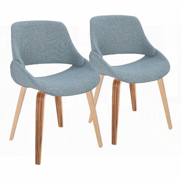 Mid-Century Modern Dining Chairs Set of 2 - Zebra Wood & Blue Fabric
