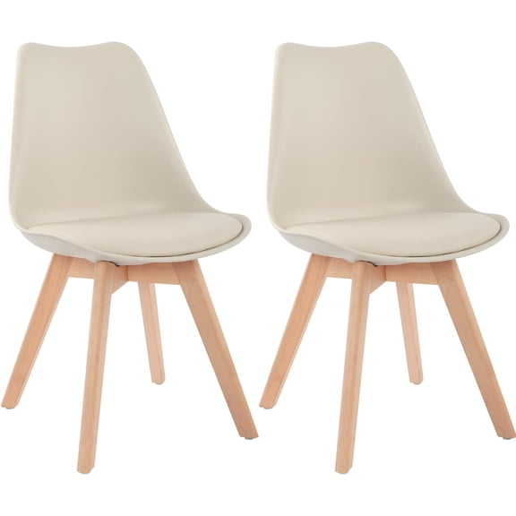 Mid Century Modern Dining Chairs,Shell Lounge Plastic Side Chair with Soft Padded and Wooden Legs for Dining Room Living Room Bedroom Kitchen Set of 2 (Cream)
