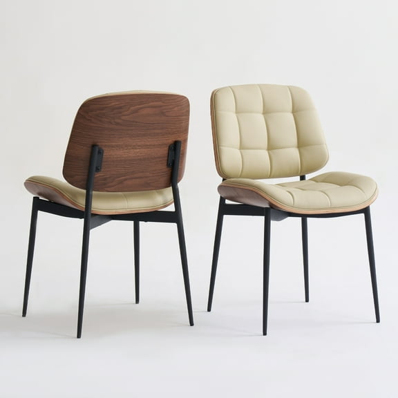 Mid Century Modern Dining Chairs with Walnut Grain Back, Beige Faux Leather Dining Room Chairs Set of 2, Checkered Soft Cushion Kitchen Chairs with Adjustable Foot Pads