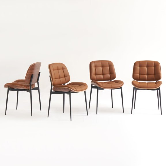Mid Century Modern Dining Chairs with Walnut Grain Back, Brown Faux Leather Dining Room Chairs Set of 4, Checkered Soft Cushion Kitchen Chairs with Adjustable Foot Pads