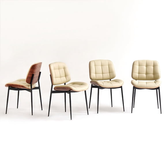 Mid Century Modern Dining Chairs with Walnut Grain Back, White Faux Leather Dining Room Chairs Set of 4, Checkered Soft Cushion Kitchen Chairs with Adjustable Foot Pads