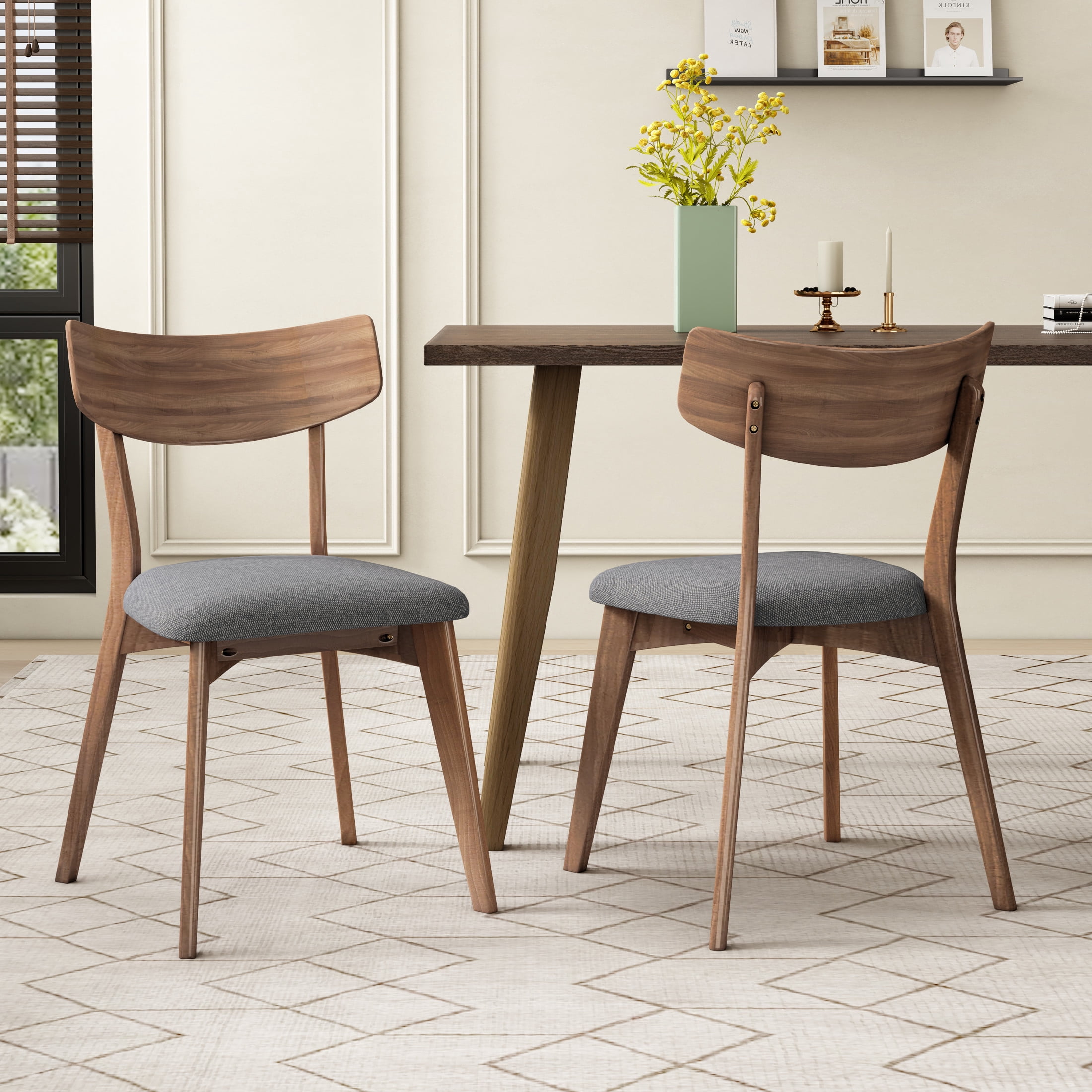 Mid-Century Modern Dining Chairs with Upholstered Seats & Rubberwood Frame, Dark Grey, Set of 2