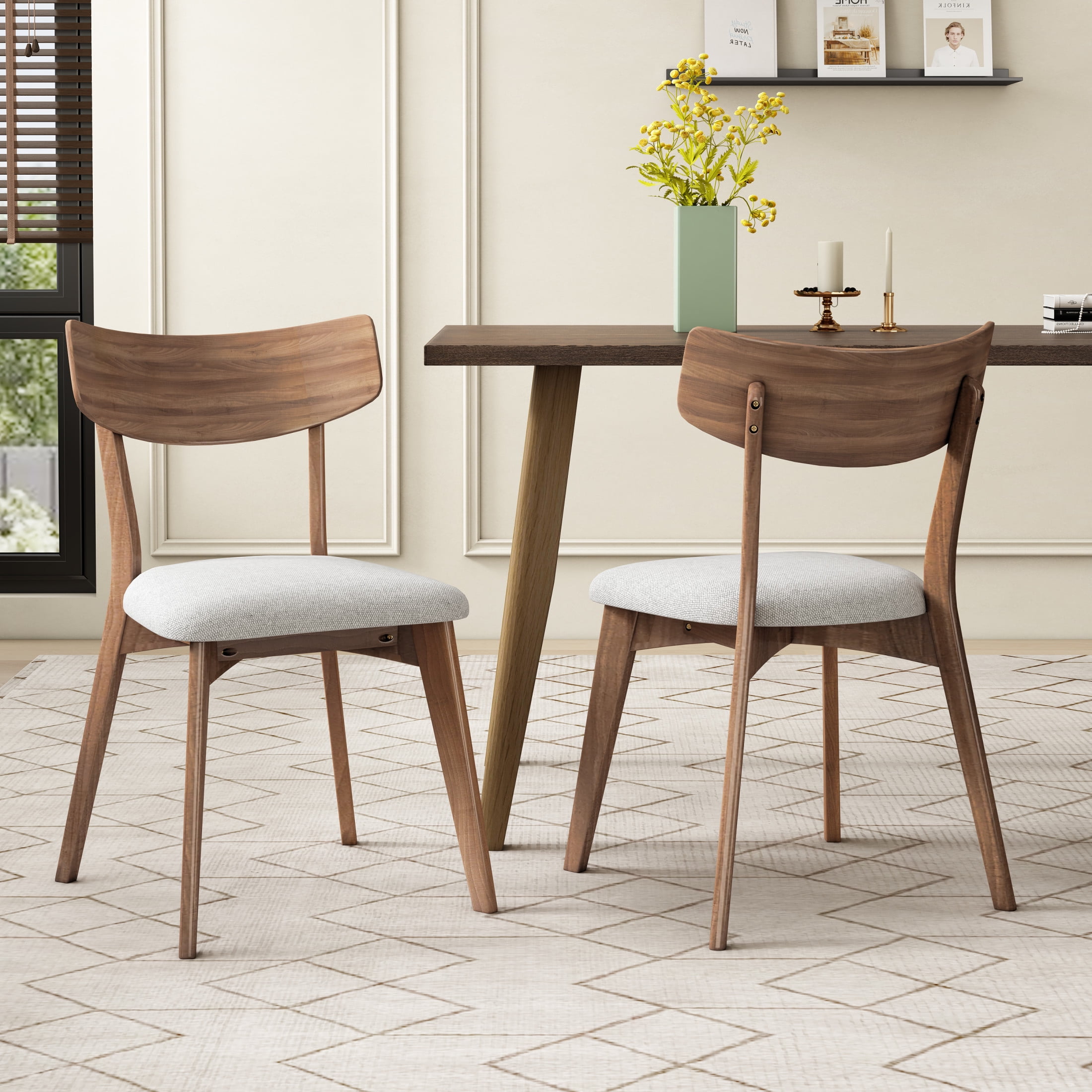 Mid-Century Modern Dining Chairs with Upholstered Seats & Rubberwood Frame, Light Beige, Set of 2
