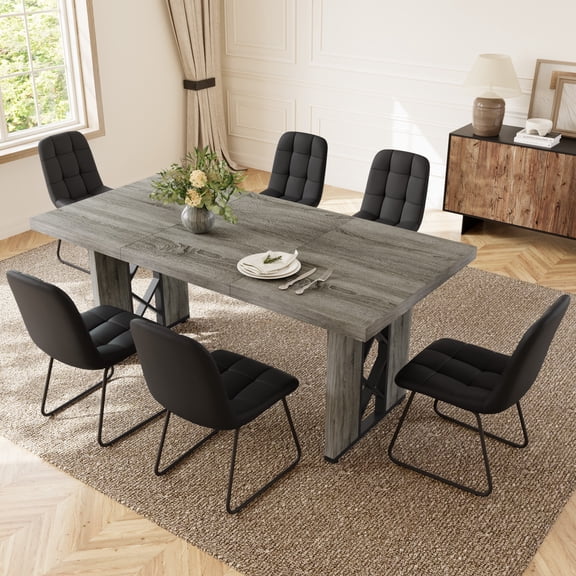 Mid-Century Modern Dining Room Set with 6 PU Leather Padded Chairs