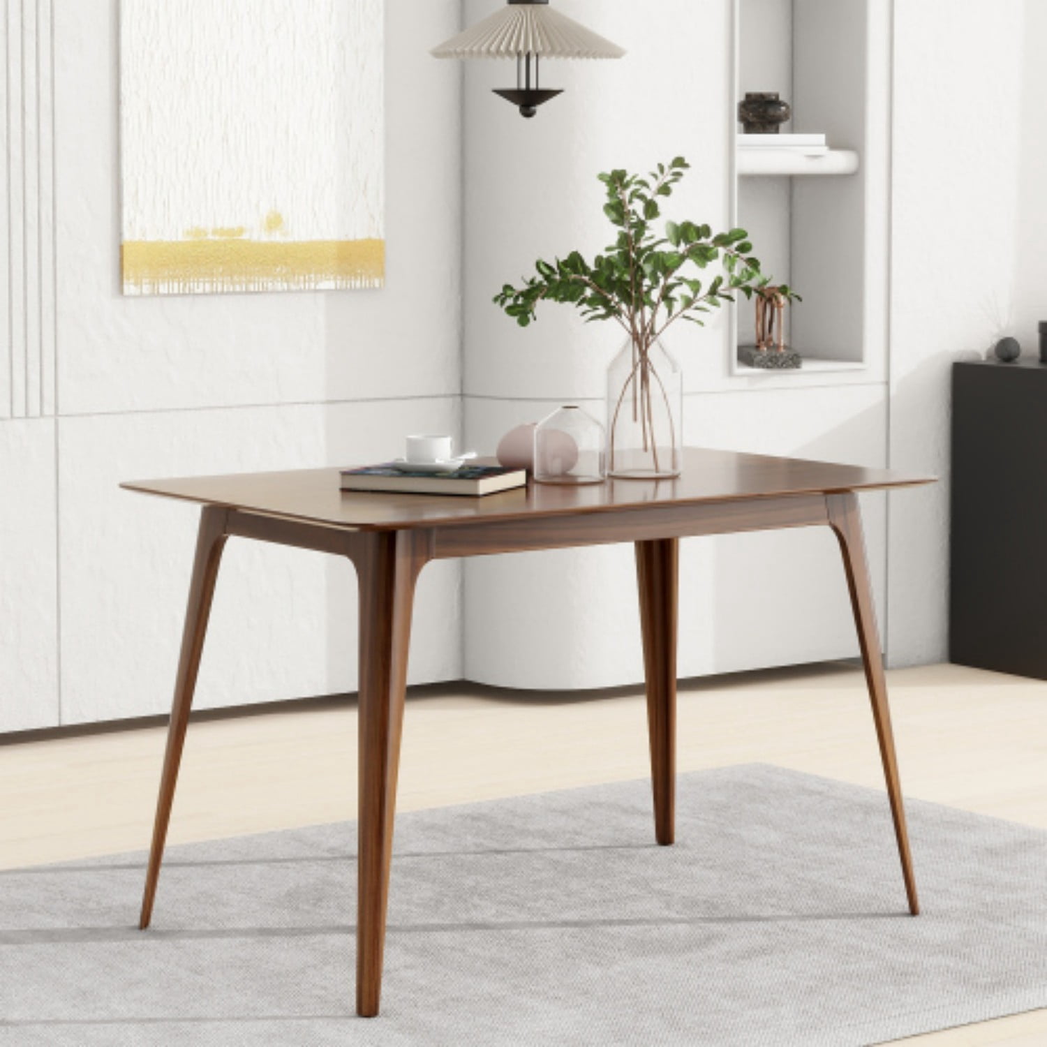 Mid Century Modern Dining Table, 47.2" Wood Kitchen Table with Rubberwood Splayed Legs, Faux Wood Top, Compact Rectangular Dining Table for Apartment, Dining Room & Kitchen, Walnut