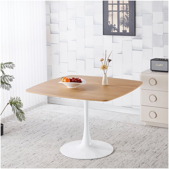 Mid Century Modern Dining Table for Small Spaces, 42" Square Oak Finish Table with Sturdy Metal Base, Apartment Size Kitchen and Office Table