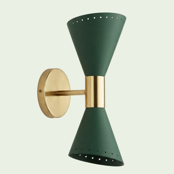 Mid-Century Modern Green Double Cone Wall Sconce, Terracotta & Gold Perforated Wall Light