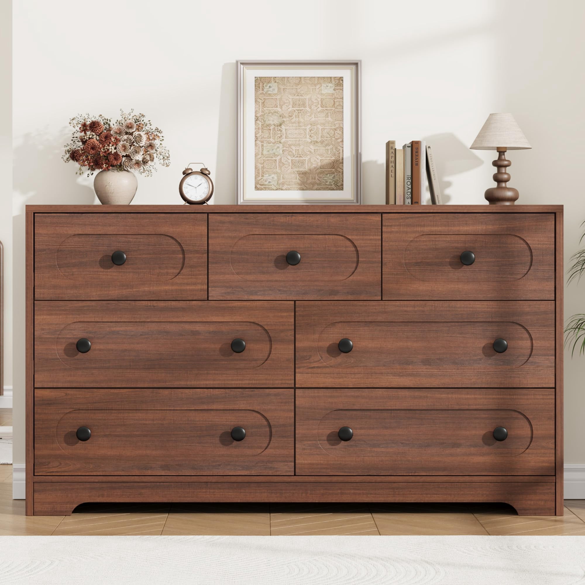 large mid century modern dresser Mid-Century Modern Caramel 6-Drawer 58.5 in. Dresser with Curved Detailing