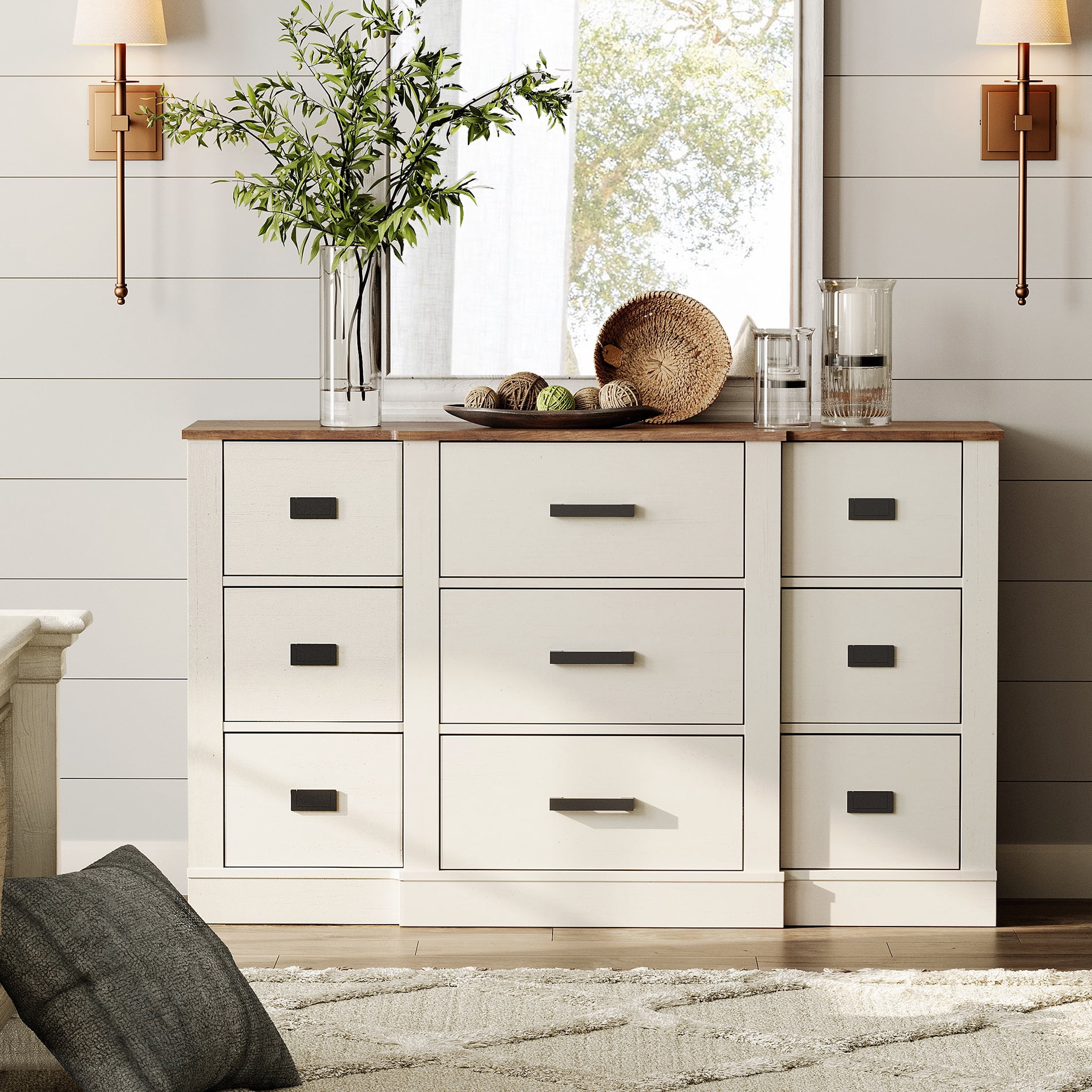 Mid Century Modern Dresser for Bedroom, 52.4" Wooden Storage Dresser with 9 Drawers for Living Room,Hallway,Antique White