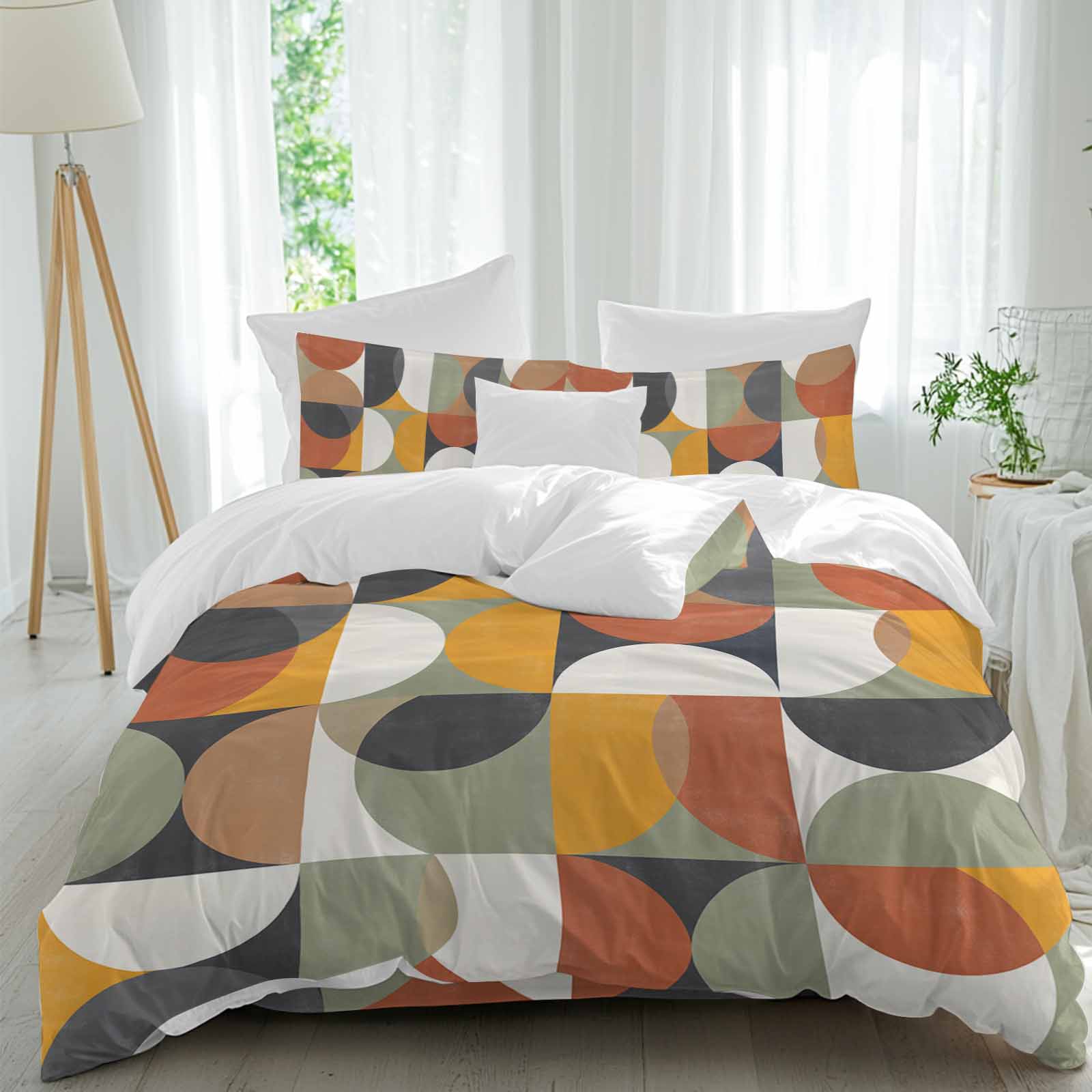 Mid-Century Modern Duvet Cover Set King Size, Abstract Geometric Semicircle Green 4 Piece Soft Microfiber Bedding Set with 1 Duvet Cover, 1 Flat Sheet, 2 Pillowcases