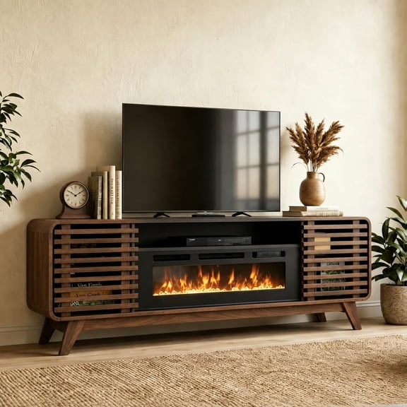 Mid-Century Modern Electric Fireplace TV Stand for Tvs Up to 80 Inches, Large Media Console with Realistic 3D Flame Electric Fireplace, Retro Entertainment Center for Living Room, Apartment