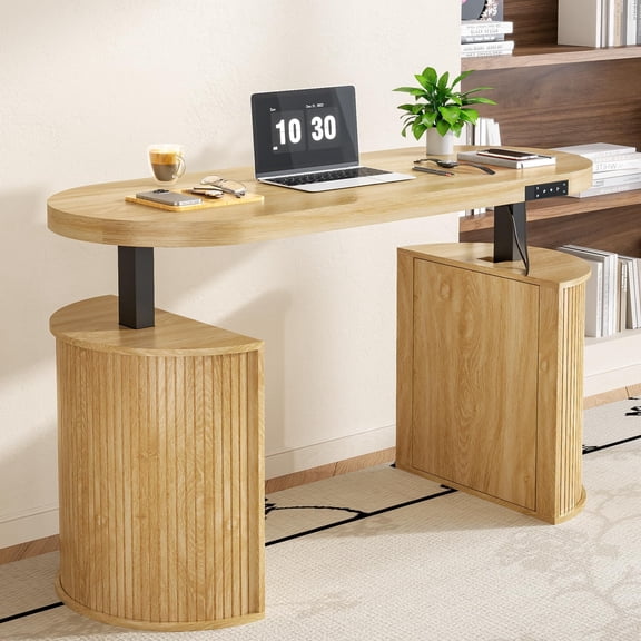 Mid Century Modern Electric Standing Desk with Storage, 55x22 Small Sit Stand Adjustable Height Computer Desk for Home Office, Wood