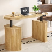 Mid Century Modern Electric Standing Desk with Storage, 55x22 Small Sit Stand Adjustable Height Computer Desk for Home Office, Wood