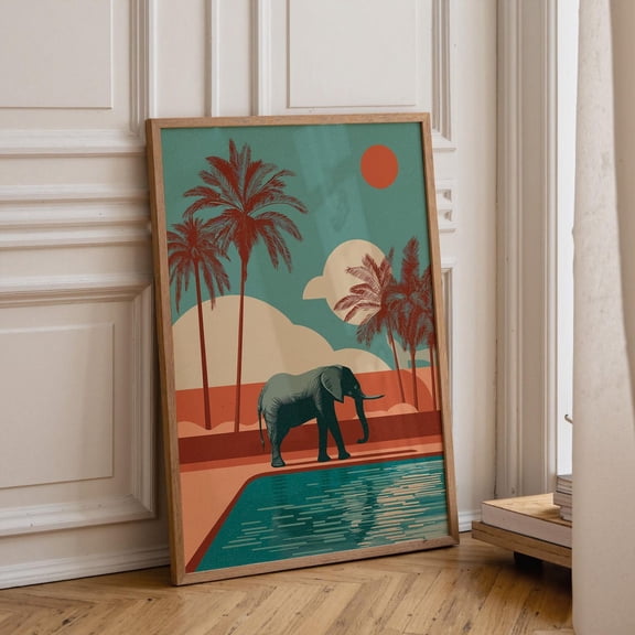 Mid Century Modern Elephant Pool Print, Palm Springs Desert Wall Art, Retro Safari Decor Poster Unframed Paper Print
