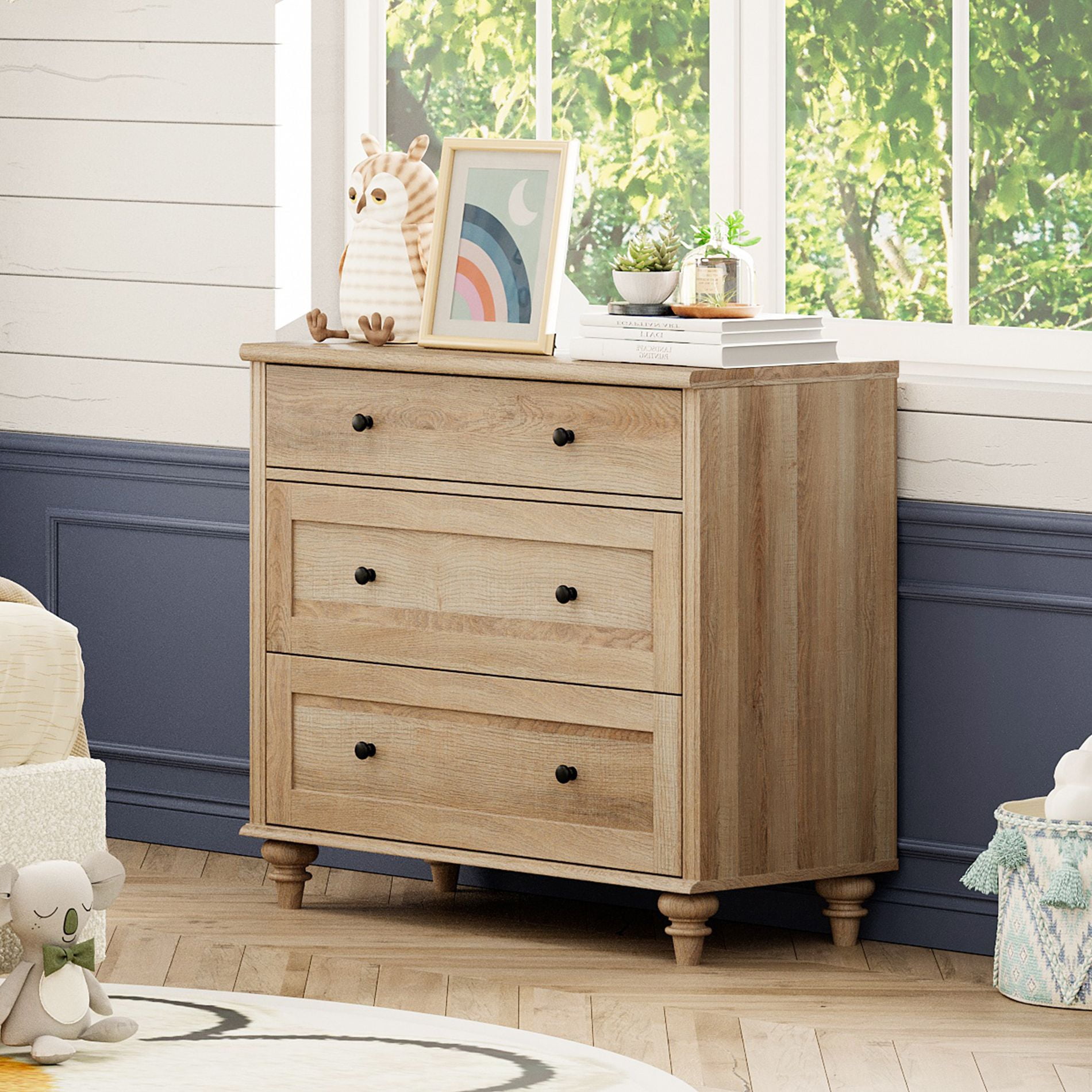 Farmhouse End Table with 3 Drawers, Large Wood Bedside Table Night Stand, Wide Sofa Side End Table 3 Drawers Chest of Dresser for Living Room, Bedroom, Oak, 34 inch(1psc)