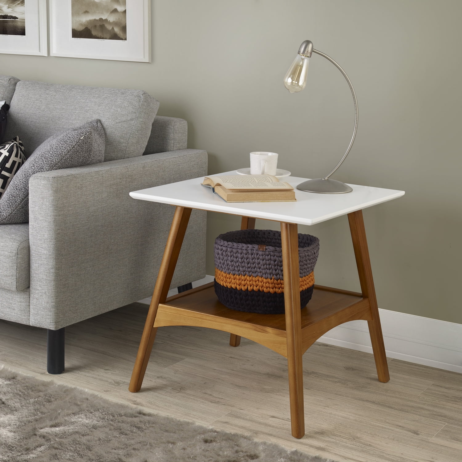 Mid-Century Modern Pine End Table in White and Brown