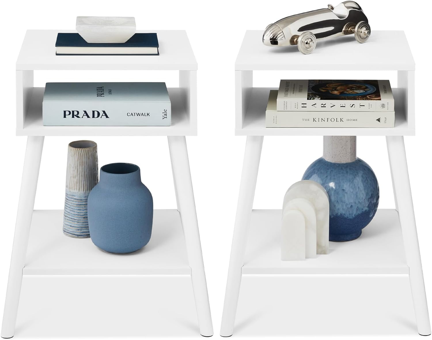 White Mid-Century Modern Wood End Tables with Storage
