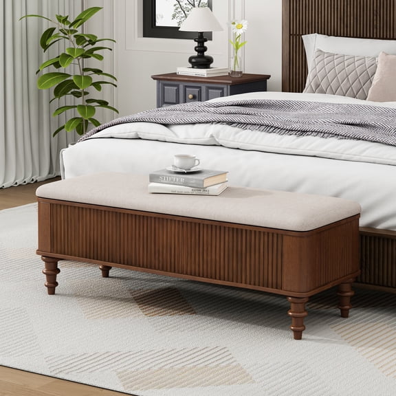 Mid-Century Modern End of Bed Bench, Linen Upholstered Storage Otttoman Shoe Organizer With Solid Wood Legs for Entryway Bedroom Living Room