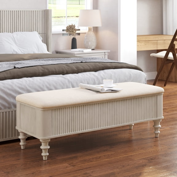 Mid-Century Modern End of Bed Bench, Linen Upholstered Storage Otttoman Shoe Organizer With Solid Wood Legs for Entryway Bedroom Living Room