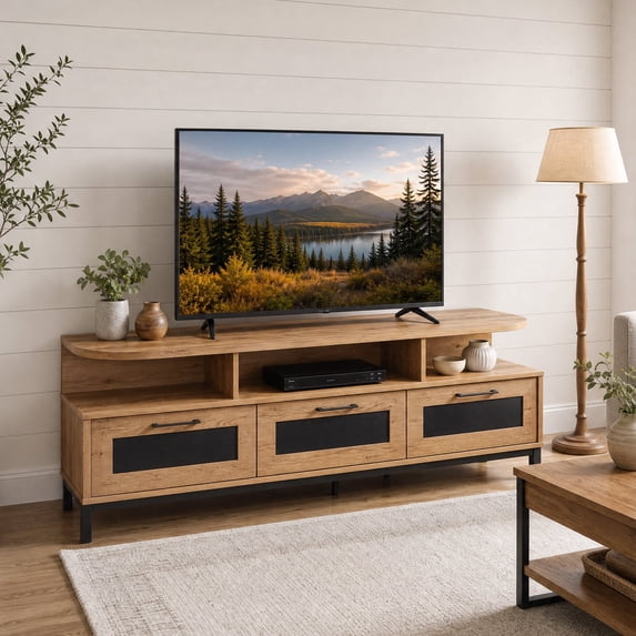 Mid-Century Modern Entertainment Center for 55"/60"/65"/75" TV, TV Stand Media Console with 3 Drawers,Natural