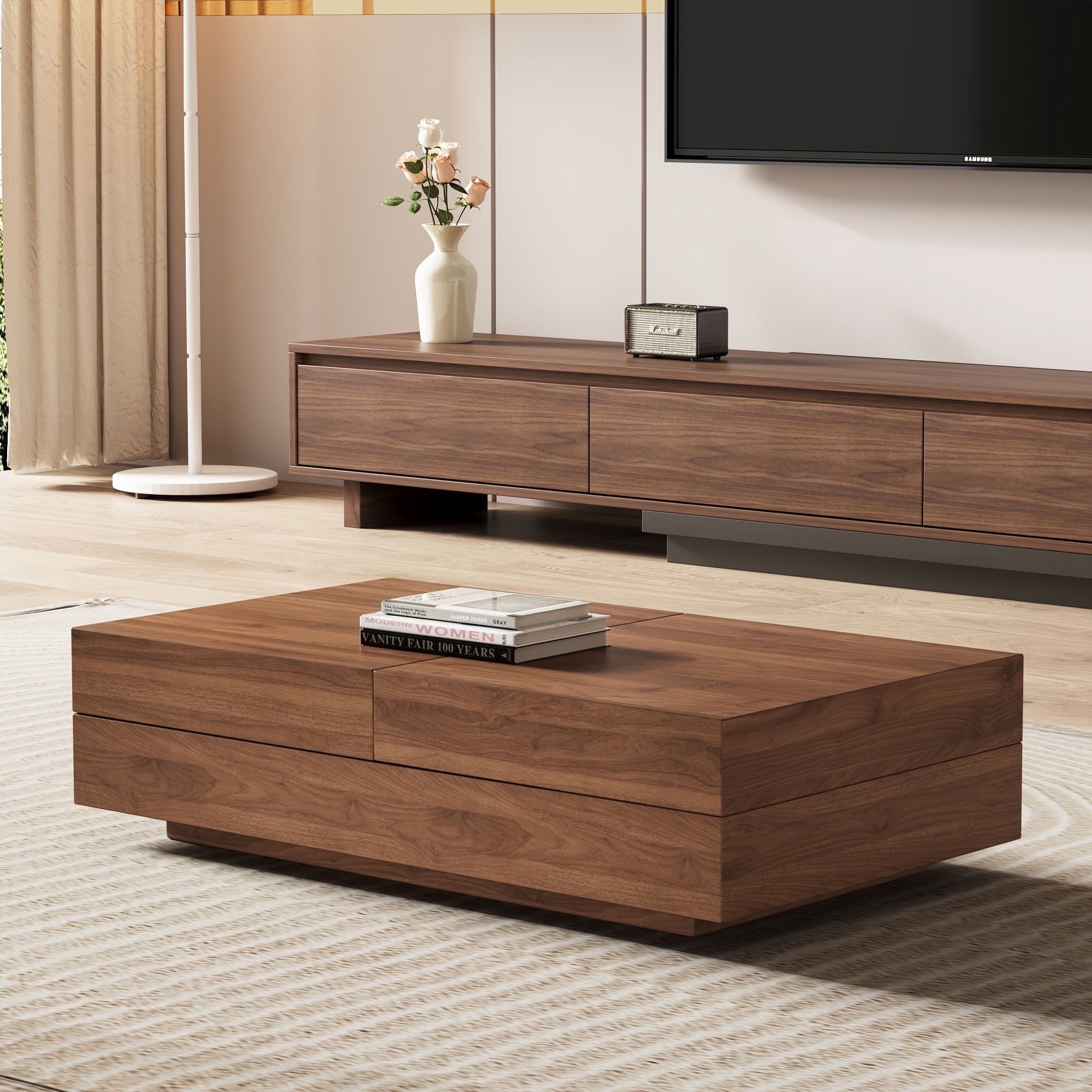 NessCarsti Mid-Century Modern Farmhouse 47.2-81.8" Expandable Coffee Table, Adjustable Center Table with Large Storage for Living Room, Walnut