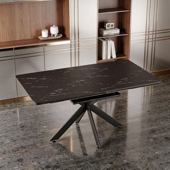 Mid-Century Modern Extendable Dining Table, Black Finish with X-Shaped Metal Legs, Expands from 62.4" to 78.15" for Large Gatherings
