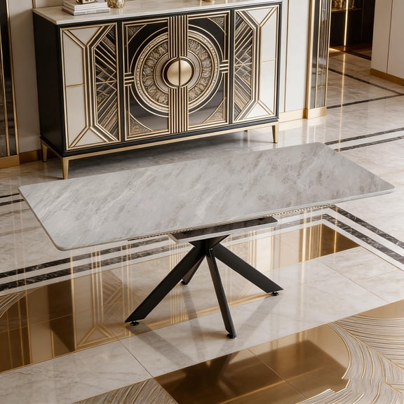 Mid-Century Modern Extendable Dining Table, Black Finish with X-Shaped Metal Legs, Expands from 62.4" to 78.15" for Large Gatherings
