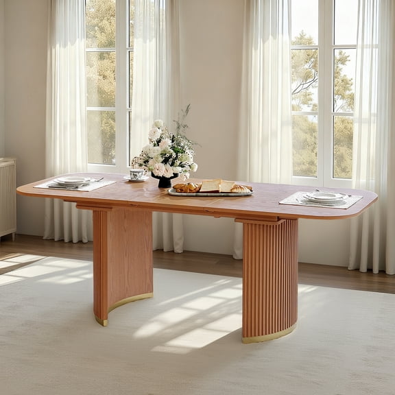 Mid-Century Modern Extendable Dining Table with Hidden Extension Leaf & Curved Metal Base Teak