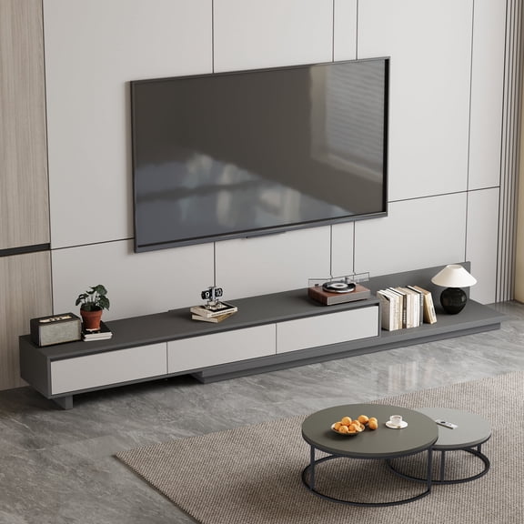 Mid-Century Modern Extendable TV Stand with Ample Storage for Living Room Adjustable TV Cabinet from 78.7" to 130", 3-Drawer Entertainment Center , Grey