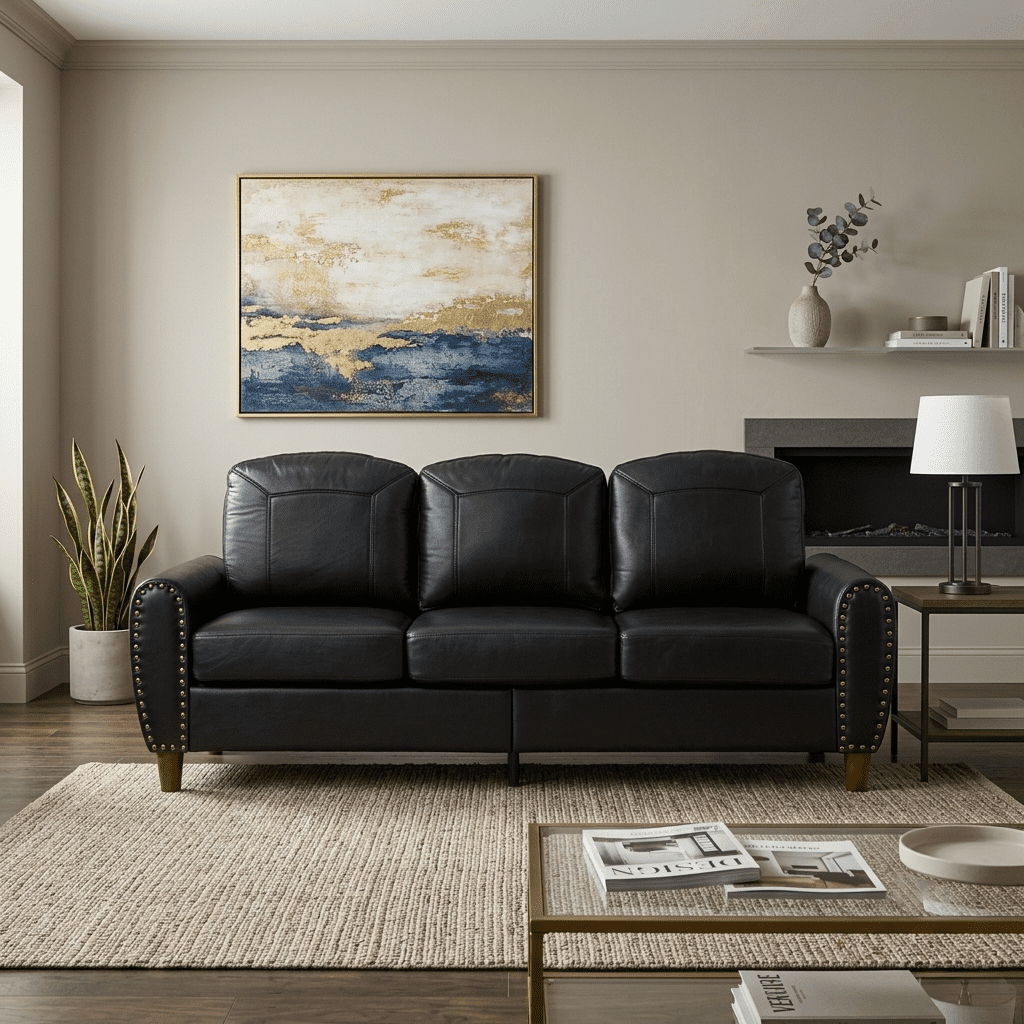 Mid-Century Modern Faux Leather 3-Seater Sofa,81.5"W Classic Rolled Arm Sofa Couch with Brass Nailhead Trim & Solid Wood Legs,Apartment,Living Room,Black