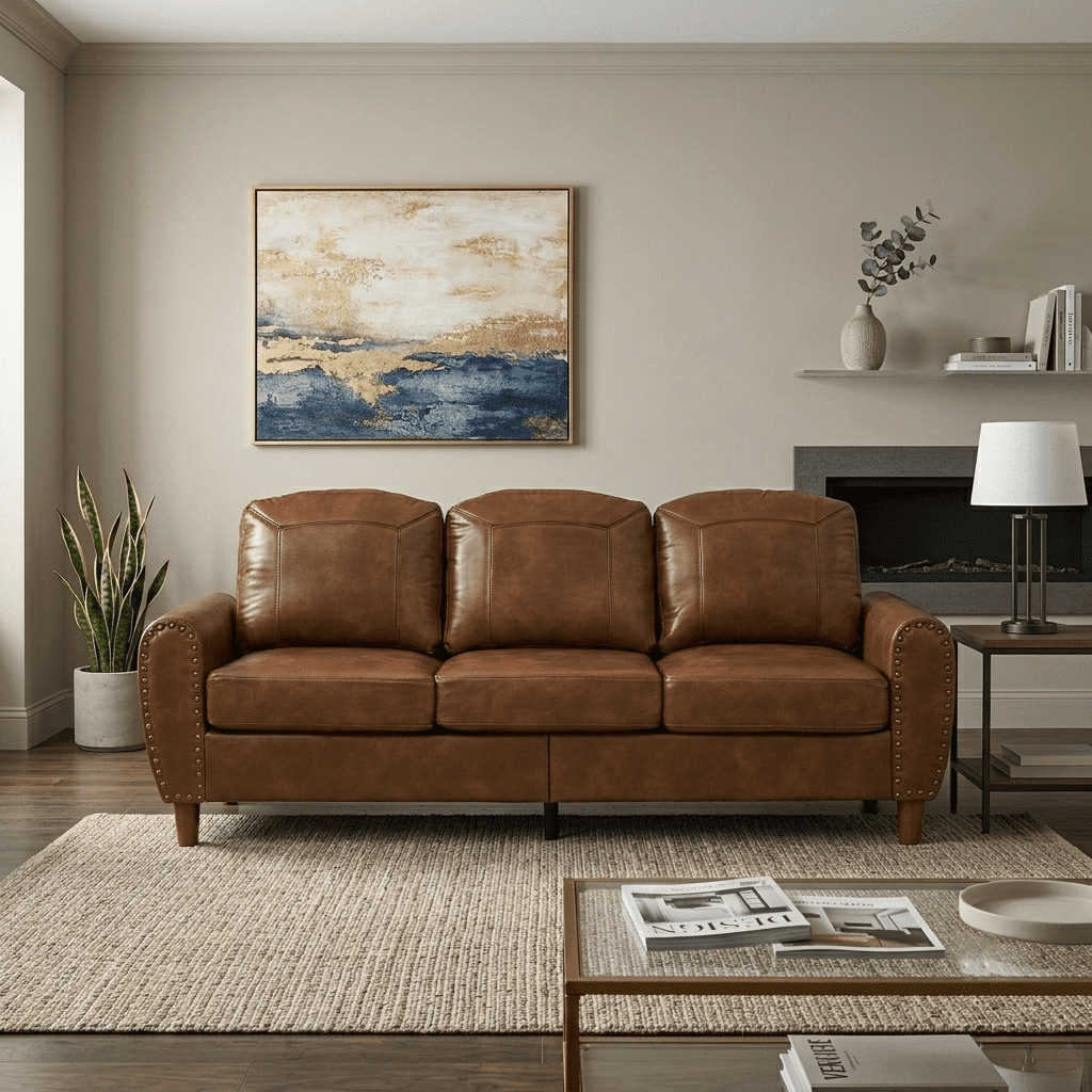 Mid-Century Modern Faux Leather 3-Seater Sofa,81.5"W Classic Rolled Arm Sofa Couch with Brass Nailhead Trim & Solid Wood Legs,Apartment,Living Room,Brown