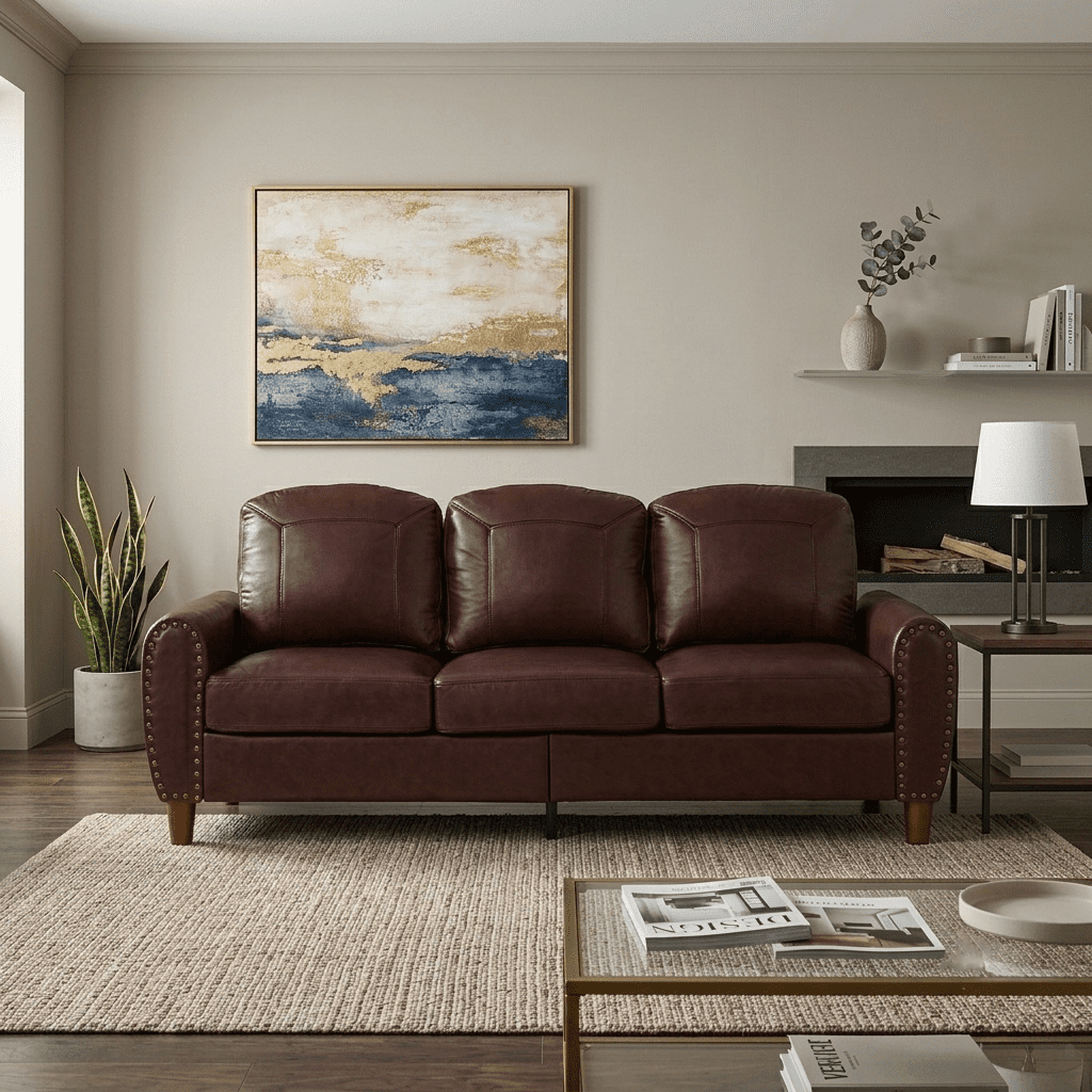 Mid-Century Modern Faux Leather 3-Seater Sofa,81.5"W Classic Rolled Arm Sofa Couch with Brass Nailhead Trim & Solid Wood Legs,Apartment,Living Room,Burgundy