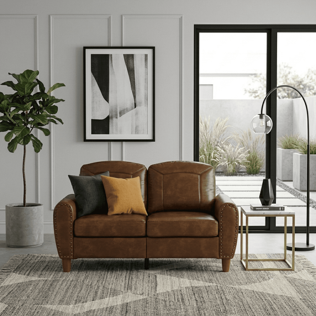 Mid-Century Modern Faux Leather Loveseat Sofa,59"W Classic Rolled Arm 2-Seater Sofa Couch with Brass Nailhead Trim & Solid Wood Legs,Apartment,Living Room Furniture,Brown