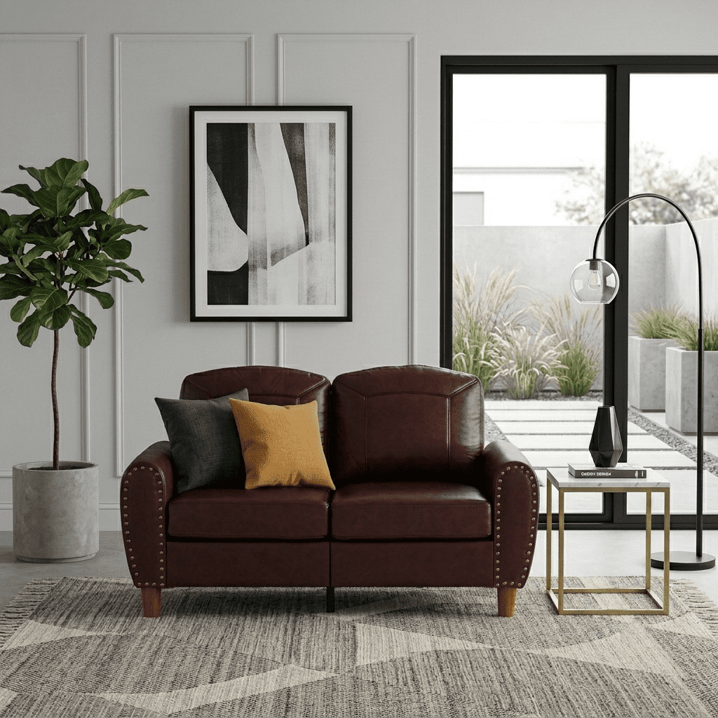 Mid-Century Modern Faux Leather Loveseat Sofa,59"W Classic Rolled Arm 2-Seater Sofa Couch with Brass Nailhead Trim & Solid Wood Legs,Apartment,Living Room Furniture,Burgundy