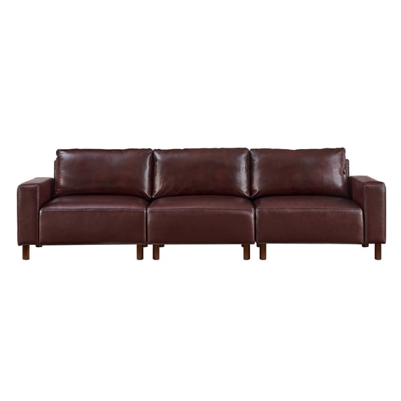 Mid-Century Modern Faux Leather Sofa, 3 Seats PU Leather Upholstered Couch With Solid Wood Legs For Living Room Apartment Office