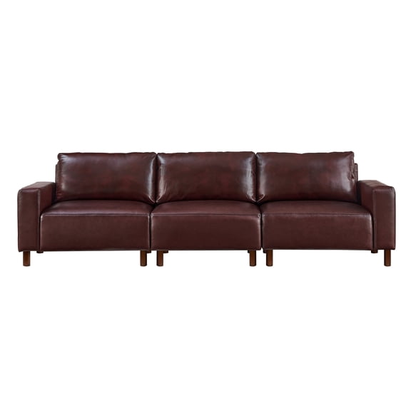 Mid-Century Modern Faux Leather Sofa, 3 Seats PU Leather Upholstered Couch With Solid Wood Legs For Living Room Apartment Office